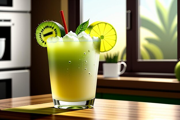 Bebida de jugo de kiwi de fruta verde sobre la mesa