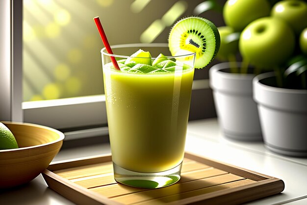 Bebida de jugo de kiwi de fruta verde sobre la mesa