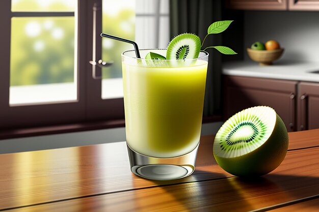 Bebida de jugo de kiwi de fruta verde sobre la mesa