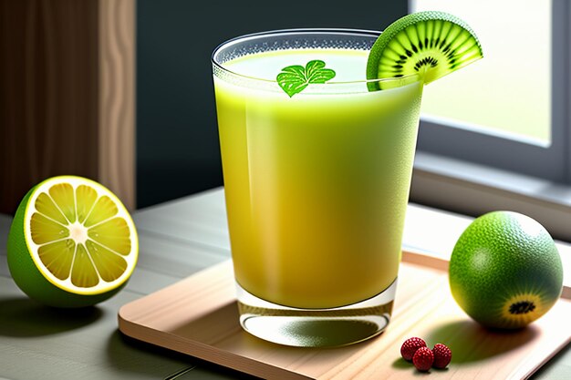 Bebida de jugo de kiwi de fruta verde sobre la mesa