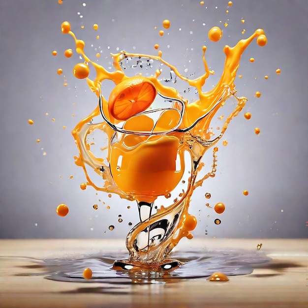 Foto bebida de jugo de naranja de marca boing con salpicaduras líquidas fondo dinámico colorido