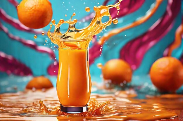 Foto bebida de jugo de naranja de marca boing con salpicaduras líquidas fondo dinámico colorido