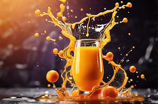 Foto bebida de jugo de naranja de marca boing con salpicaduras líquidas fondo dinámico colorido