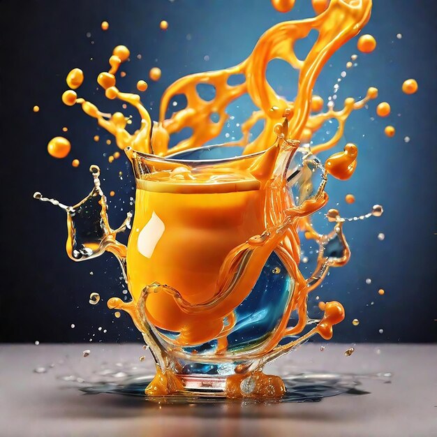 Foto bebida de jugo de naranja de marca boing con salpicaduras líquidas fondo dinámico colorido