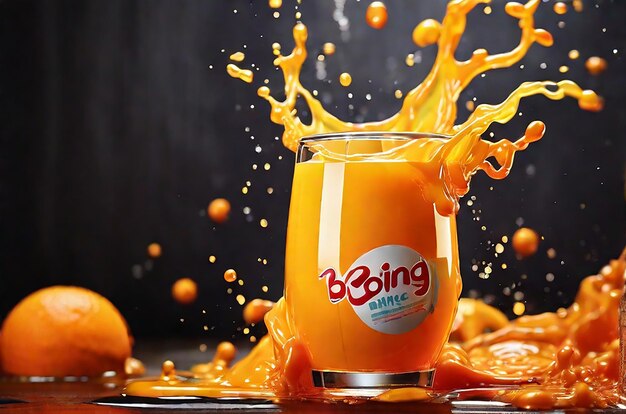 Bebida de jugo de naranja de marca Boing con salpicaduras líquidas fondo dinámico colorido