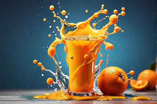 Foto bebida de jugo de naranja de marca boing con salpicaduras líquidas fondo dinámico colorido