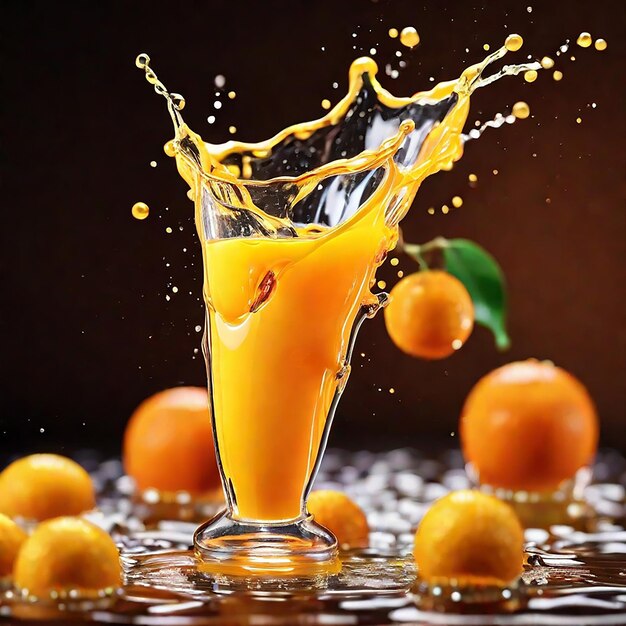 Bebida de jugo de naranja de marca Boing con salpicaduras líquidas fondo dinámico colorido