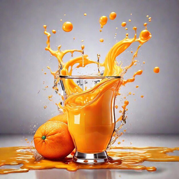 Foto bebida de jugo de naranja de marca boing con salpicaduras líquidas fondo dinámico colorido