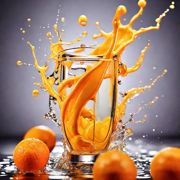 Foto bebida de jugo de naranja de marca boing con salpicaduras líquidas fondo dinámico colorido