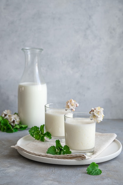 Bebida láctea feita de iogurte, leite e água em uma parede cinza. Saudável para bebidas de digestão.