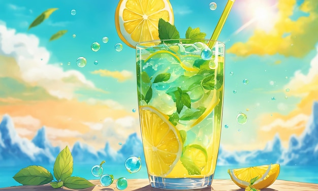 Bebida de limón helado vaso de paja ilustración fresca fondo de pantalla de anime de dibujos animados dibujados a mano
