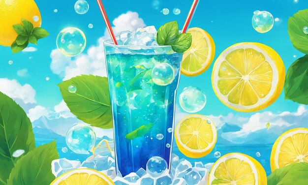 Foto bebida de limón helado vaso de paja ilustración fresca fondo de pantalla de anime de dibujos animados dibujados a mano