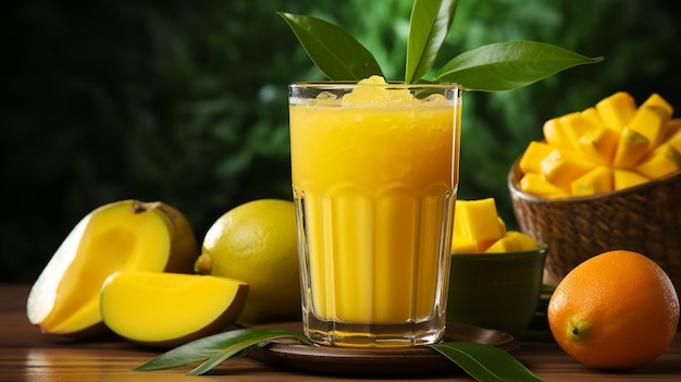 bebida de mango fresco y frutas tropicales en la mesa