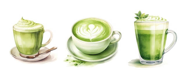 Bebida matcha latte ai gerada espumosa cremosa japonesa tradicional cafeína bebida de saúde matcha Latte ilustração aquarela