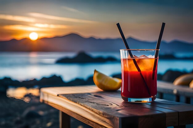 una bebida en una mesa con una puesta de sol de fondo