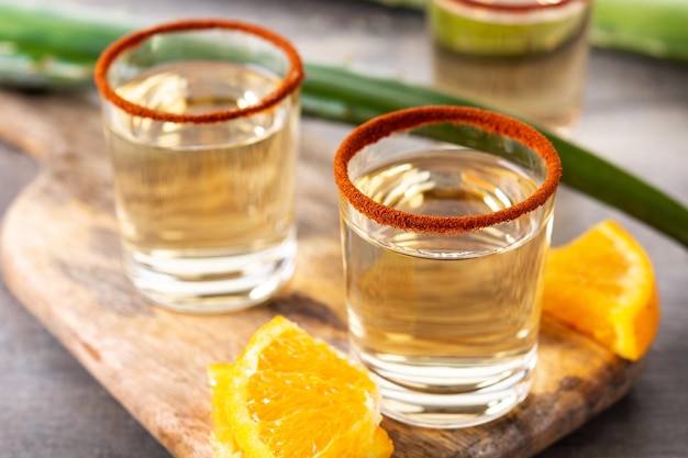 Bebida mexicana de mezcal con rodajas de naranja y sal de gusano