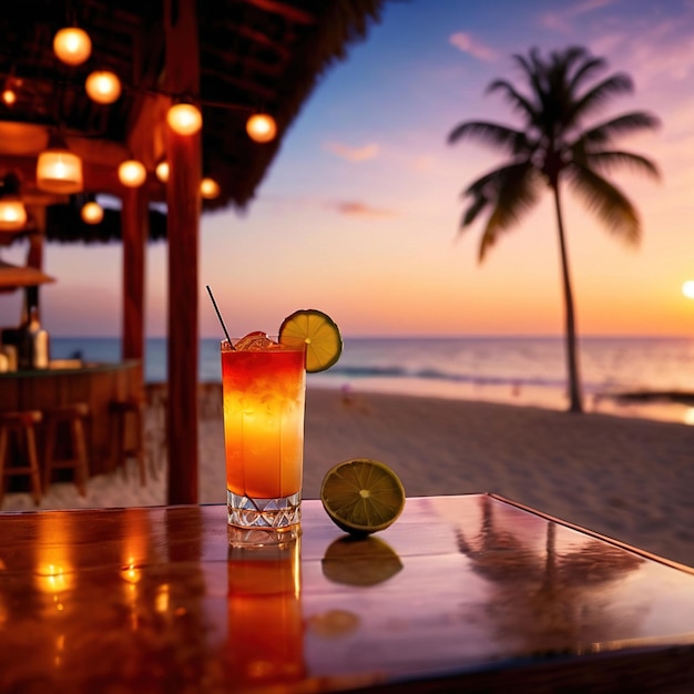 Bebida mixta tropical en un balneario al aire libre durante las vacaciones de verano al atardecer refresco