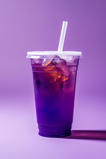 Bebida morada en un vaso de plástico aislado sobre un fondo morado Bebidas para llevar