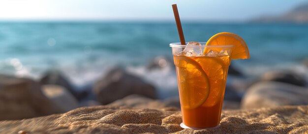 Bebida de naranja en el fondo de la playa