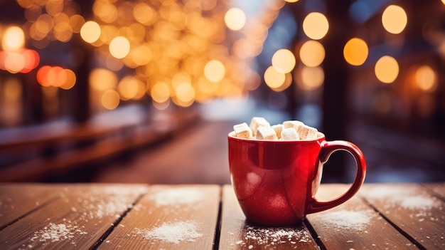 Bebida navideña Taza de chocolate caliente con malvaviscos y bastón de caramelo rojo sobre fondo festivo