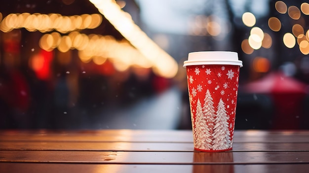 Bebida navideña Una taza de chocolate caliente en una mesa vacía con el telón de fondo de las luces festivas de la calle Diseño ai