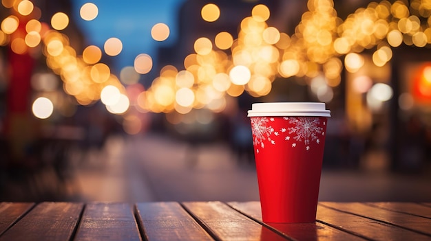 Bebida navideña Una taza de chocolate caliente en una mesa vacía con el telón de fondo de las luces festivas de la calle Diseño ai