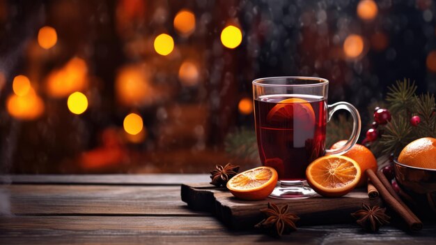 Foto bebida navideña vino caliente con frutas bayas naranja canela en la mesa de navidad y lluvia