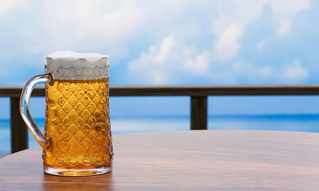 Bebida o cerveza artesanal en un vaso alto y transparente con espuma de cerveza en la parte superior y hay burbujas en el vaso cerveza fría en un vidrio colocado en una mesa de madera en la playa el mar durante el día renderización 3D