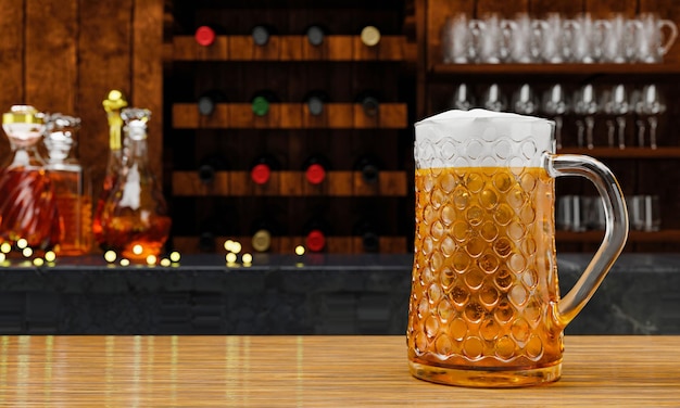 Bebida ou cerveja artesanal em vidro alto e transparente com vapor frio Espuma de cerveja branca colocada em um chão de madeira atrás do fundo é uma garrafa de vinho uísque brandy no restaurante ou bar Rendering 3D