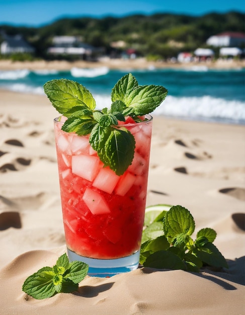 Foto una bebida con una pajita en ella se sienta en una playa