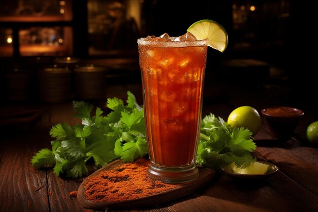 Foto la bebida picante de michelada está en la mesa.