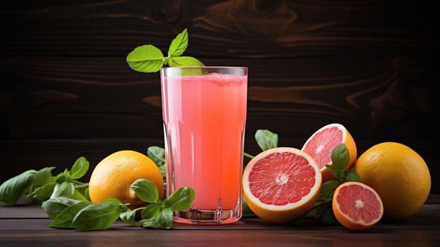 Bebida de pomelo con menta en un vaso colocada junto a varios pomelos cortados y limones enteros