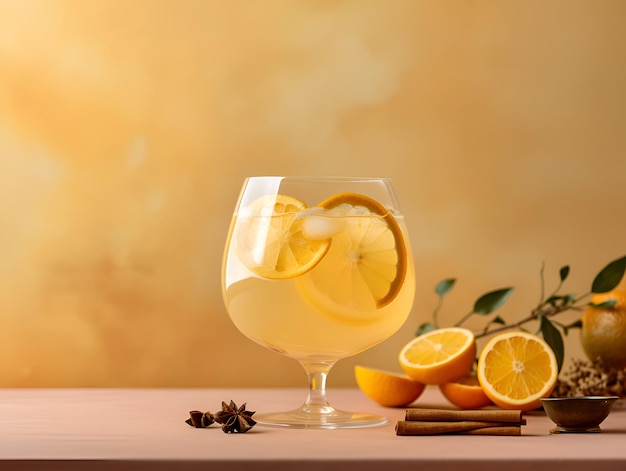 Bebida de ponche Cóctel alcohólico con hielo de ron y rebanadas de limón en superficie clara pastel Sangria de vino blanco Bebida fresca de otoño basada en azúcar de ron y jugo de limón Bebida cítrica