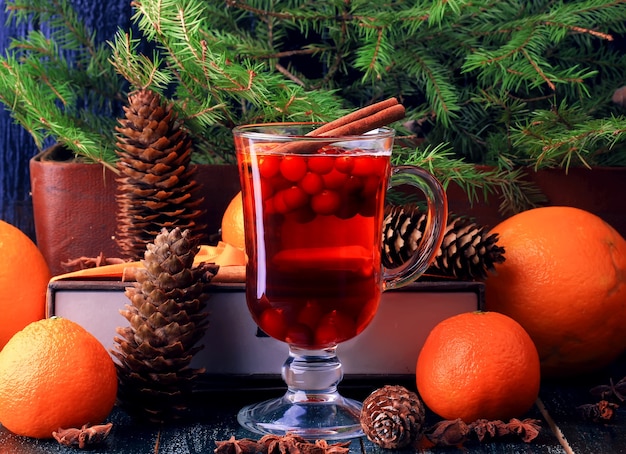 Bebida quente de inverno com cranberry, laranja e canela