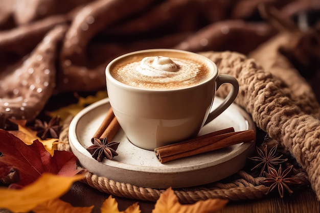 Bebida quente doce de outono com canela e várias especiarias AI