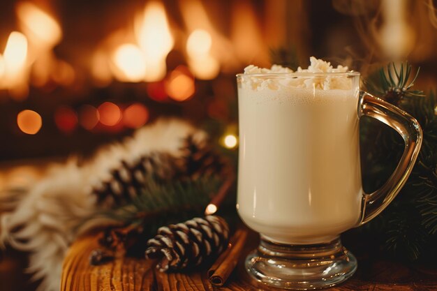 Foto bebida quente em uma caneca de vidro com decorações festivas e um fundo aconchegante de lareira