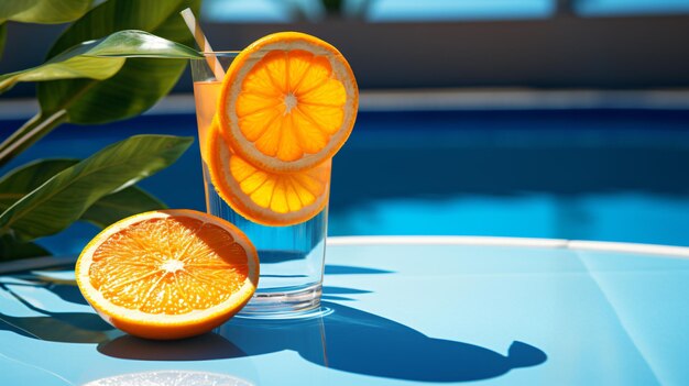 Foto una bebida con una rebanada de naranja en el borde cerca de una piscina