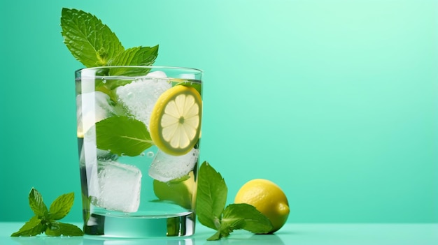 Bebida refrescante de agua con cubitos de hielo en un vaso