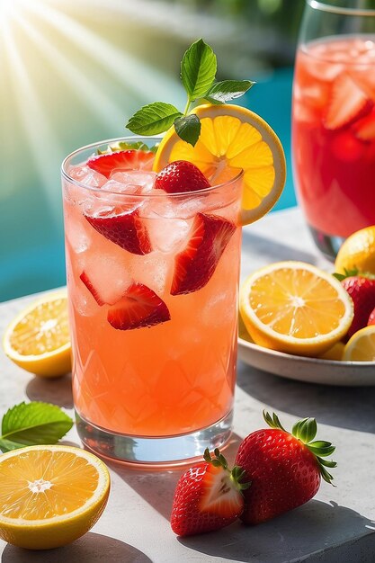 Bebida refrescante de cítricos e morangos à luz do sol