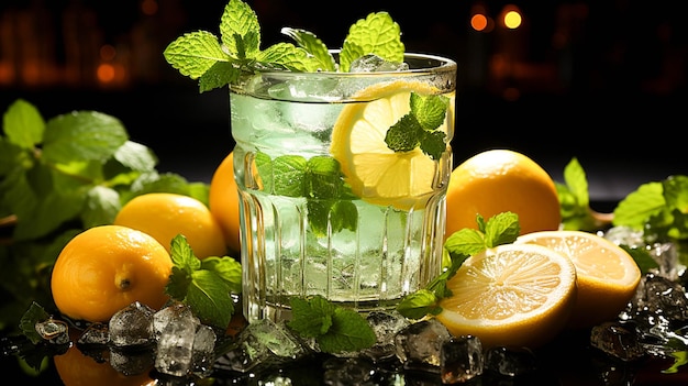Bebida refrescante de limão com gelo de frutas cítricas e rodela de limão