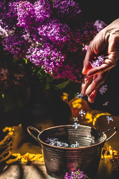 Bebida refrescante de limão e lilás