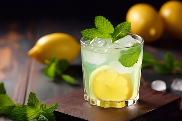 Bebida refrescante de verão de limonada ou coquetel alcoólico com gelo