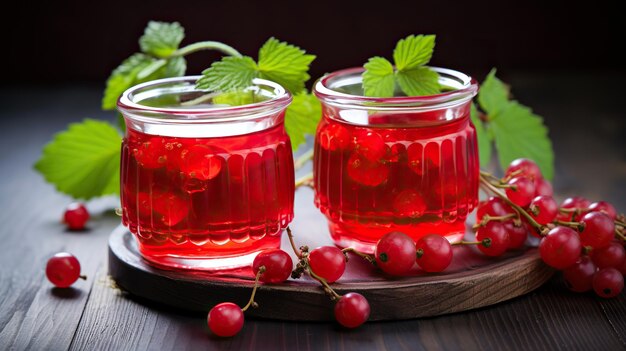 Foto bebida refrescante feita de bagas de groselha vermelha compote de groselas vermelhas em uma mesa de madeira vida morta