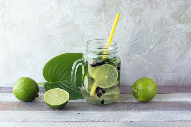 Bebida refrescante de frutas orgánicas, bayas y pepinos, hojas de menta en vasos de vidrio.