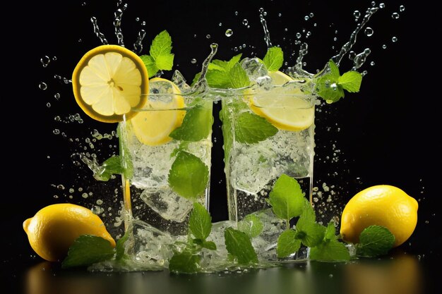 Bebida refrescante con limón helado y menta Limonada fría sobre fondo blanco