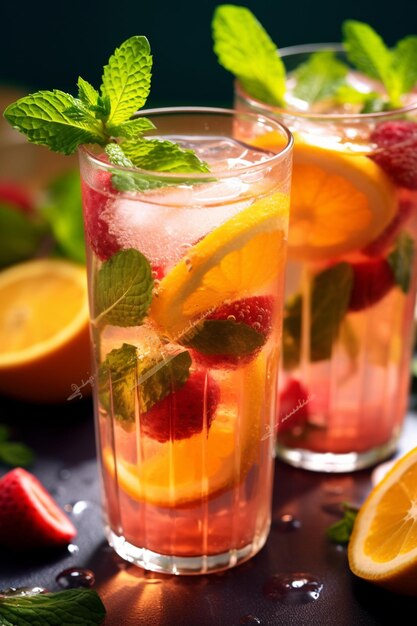 Bebida refrescante en un vaso con naranja y menta en una tabla de madera sobre un fondo blanco de primer plano IA generativa