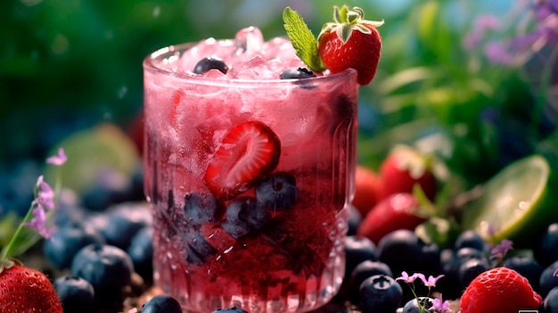 Bebida refrescante de verano Bebida de bayas con hielo picado y tomillo Limonada de fresas y arándanos IA generativa