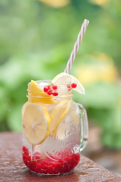 Bebida refrescante de verano para calmar la sed de limón y grosella con cubitos de hielo.