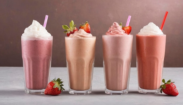 Bebida refrescante de verano fruta fresa frappe batido jugo hielo y agua gaseosa