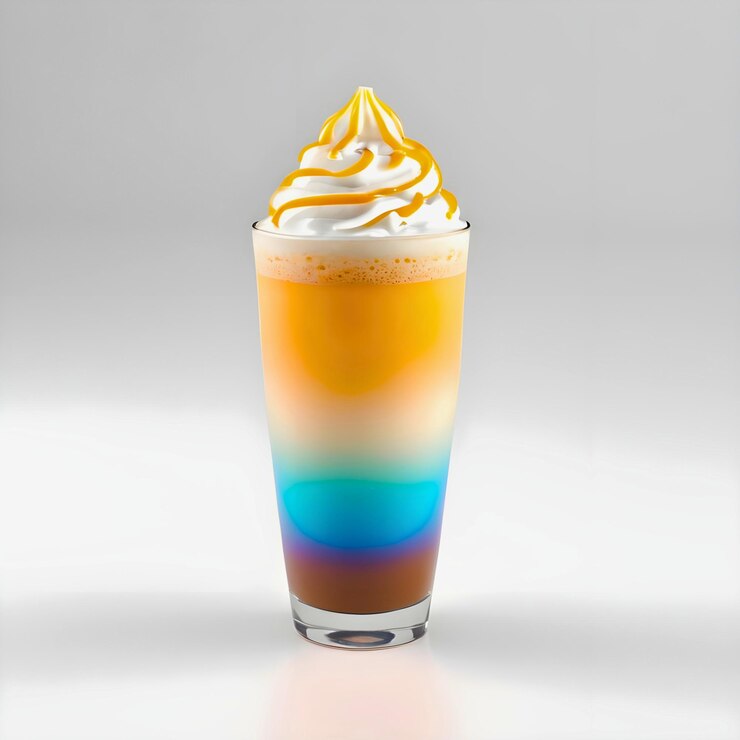 una bebida con un remolino azul naranja y amarillo en el medio